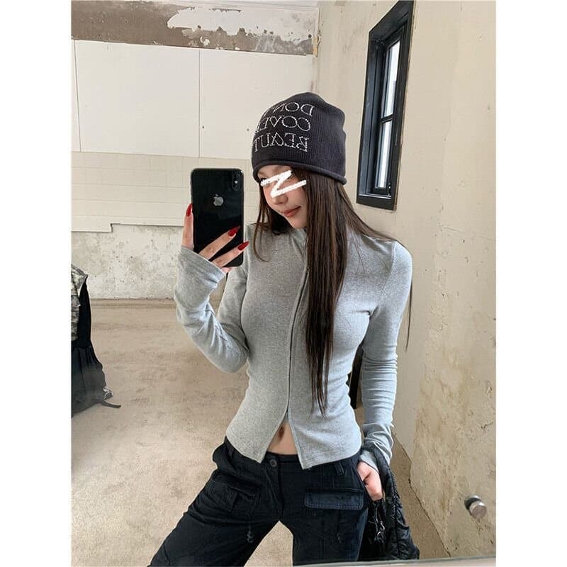 아메리칸 핫걸 바람 더블 지퍼 스탠드 칼라 긴팔 티셔츠 여성 가을 한국 스타일 품격 몸매 가꾸기 슬림해 보이는 기본 셔츠 맨위