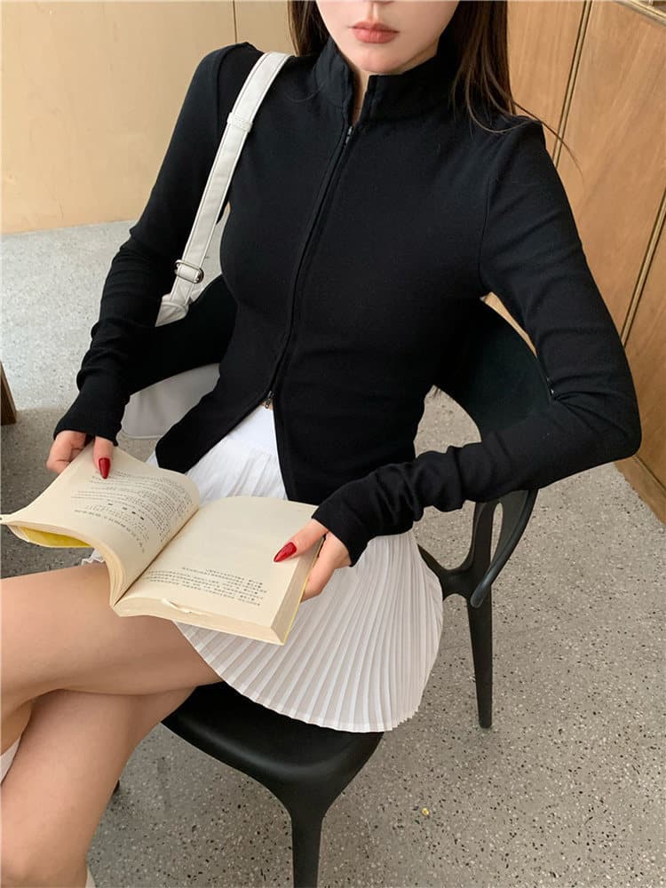 아메리칸 핫걸 바람 더블 지퍼 스탠드 칼라 긴팔 티셔츠 여성 가을 한국 스타일 품격 몸매 가꾸기 슬림해 보이는 기본 셔츠 맨위 이미지 3