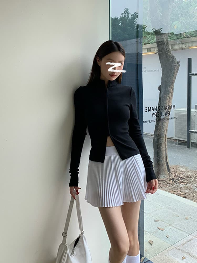 아메리칸 핫걸 바람 더블 지퍼 스탠드 칼라 긴팔 티셔츠 여성 가을 한국 스타일 품격 몸매 가꾸기 슬림해 보이는 기본 셔츠 맨위 상세 이미지 5