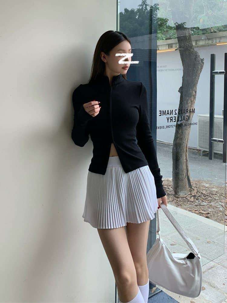 아메리칸 핫걸 바람 더블 지퍼 스탠드 칼라 긴팔 티셔츠 여성 가을 한국 스타일 품격 몸매 가꾸기 슬림해 보이는 기본 셔츠 맨위 상세 이미지 6