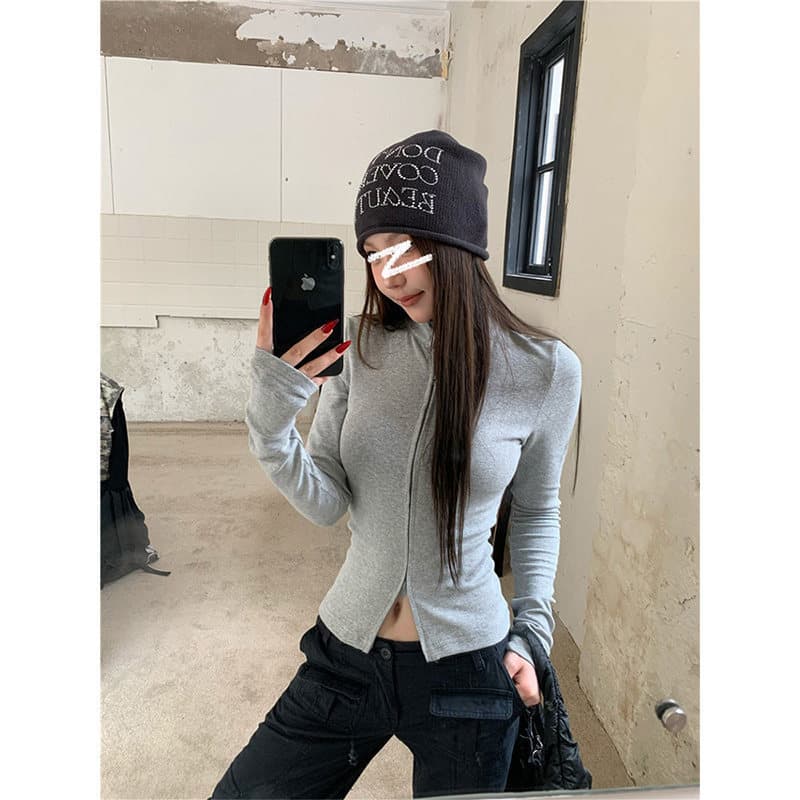 아메리칸 핫걸 바람 더블 지퍼 스탠드 칼라 긴팔 티셔츠 여성 가을 한국 스타일 품격 몸매 가꾸기 슬림해 보이는 기본 셔츠 맨위 상세 이미지 9