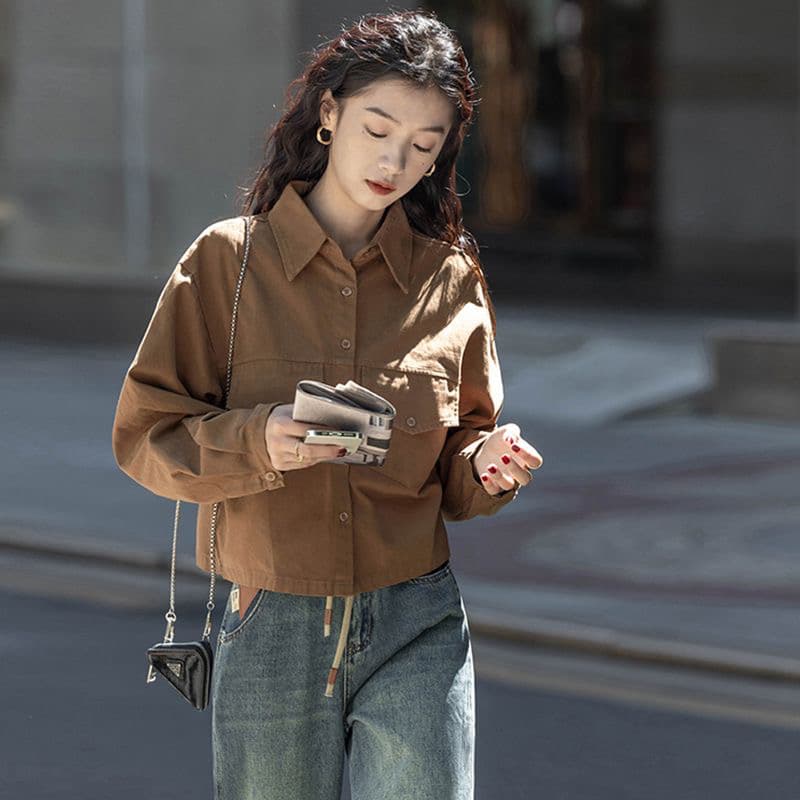 디자인 센스 작은 대중 짧은 외투 레트로 긴팔 셔츠 2026 봄 가을 미니멀리즘 단색 쇼트 스타일 작은 키 셔츠 여성 상세 이미지 8