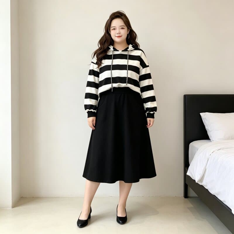 가을 겨울 지방 mm 슬림해 보이는 소금 부서 착용 가져 가라. 전체 집합 고급 센스 스트라이프 후드티 반신 스커트 투피스 세트 연령 감소 외국 가스 이미지 2