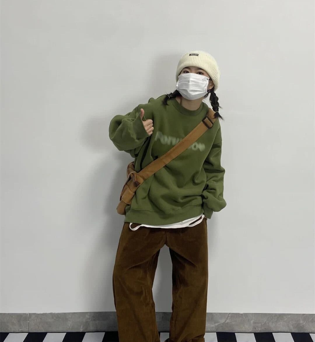 한국 스타일 chic 빅 사이즈 녹색 후드티 여성 튀김 거리 hiphop 조수 브랜드 털이 있고 두꺼운 긴팔 맨위 ins 가을 겨울 이미지 2