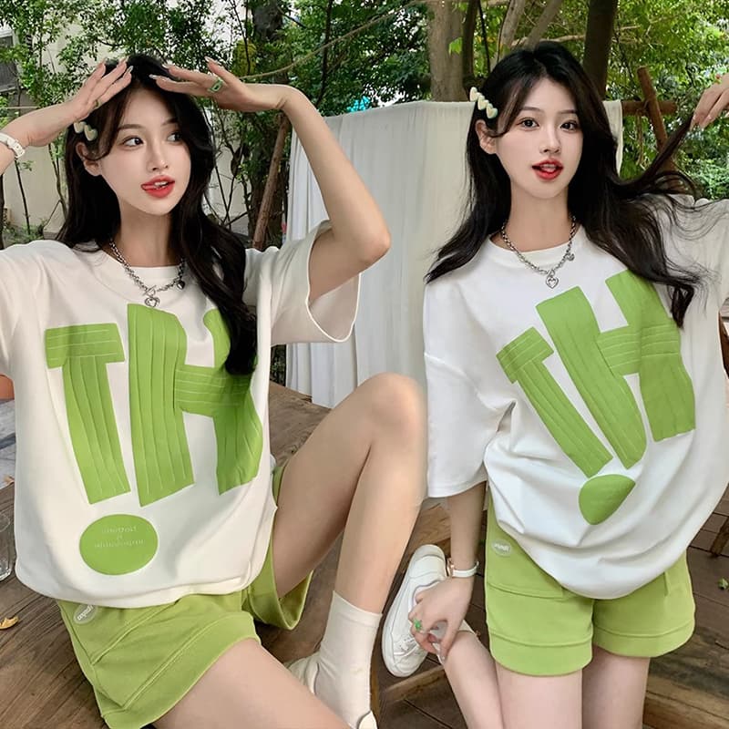 지금 지금 임산부 여름 나가라. 패션 외국 가스 세련된 작은 키 반팔 티셔츠 캐주얼 반바지 투피스 세트 여름 드레스 이미지 3