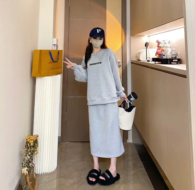 지금 지금 임신 엄마 가을 겨울 연령 감소 풀오버 스웨트셔츠 귀여운 루즈핏 임신 엄마 반신 스커트 프로 피부 부드러운 찹쌀 트렌디 엄마 상세 이미지 12