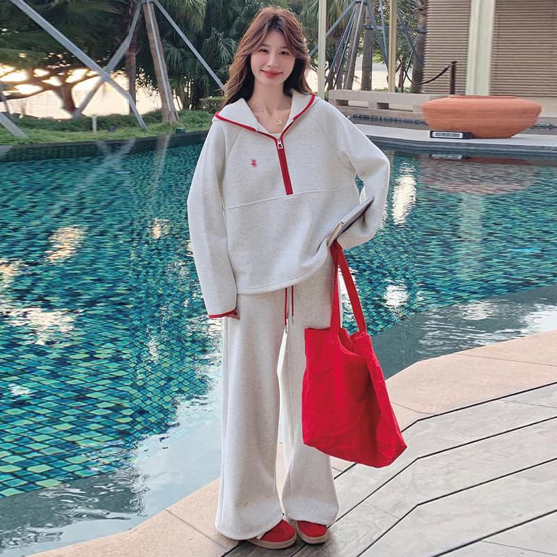 지금 지금 캐주얼 운동 바람 세트 계절 한 부서 느긋한 바람 하프 지퍼 후드티 와이드 레그 팬츠 임산부 투피스 세트 상세 이미지 84