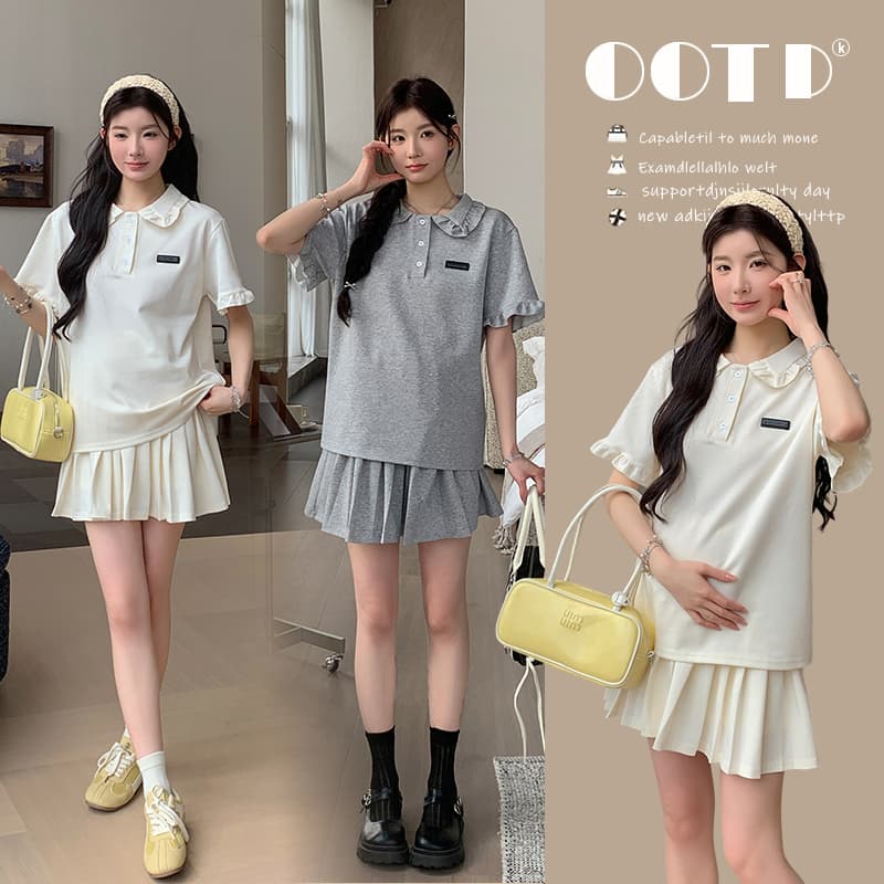 지금 지금 실사 여름 새로운 폭발 슬림해 보이는 POLO 칼라 반팔 플리츠 스커트 투피스 드레스 바지