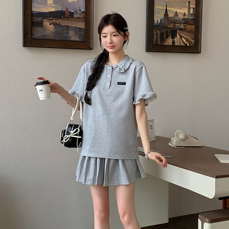 지금 지금 실사 여름 새로운 폭발 슬림해 보이는 POLO 칼라 반팔 플리츠 스커트 투피스 드레스 바지 이미지 3