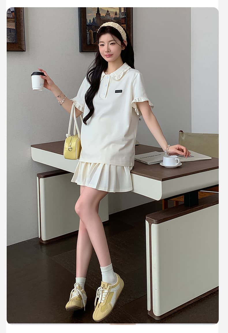 지금 지금 실사 여름 새로운 폭발 슬림해 보이는 POLO 칼라 반팔 플리츠 스커트 투피스 드레스 바지 상세 이미지 20