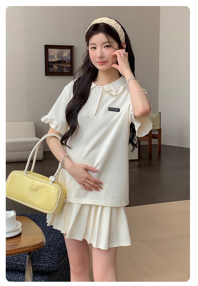 지금 지금 실사 여름 새로운 폭발 슬림해 보이는 POLO 칼라 반팔 플리츠 스커트 투피스 드레스 바지 상세 이미지 23