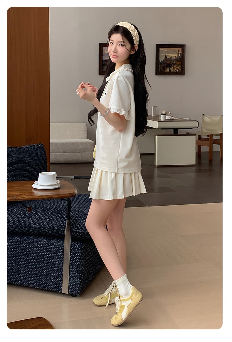지금 지금 실사 여름 새로운 폭발 슬림해 보이는 POLO 칼라 반팔 플리츠 스커트 투피스 드레스 바지 상세 이미지 27