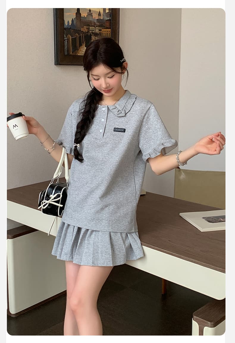 지금 지금 실사 여름 새로운 폭발 슬림해 보이는 POLO 칼라 반팔 플리츠 스커트 투피스 드레스 바지 상세 이미지 29