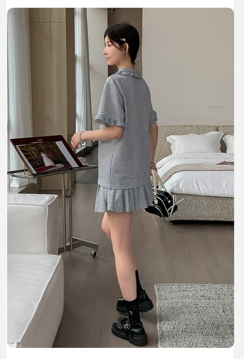 지금 지금 실사 여름 새로운 폭발 슬림해 보이는 POLO 칼라 반팔 플리츠 스커트 투피스 드레스 바지 상세 이미지 37