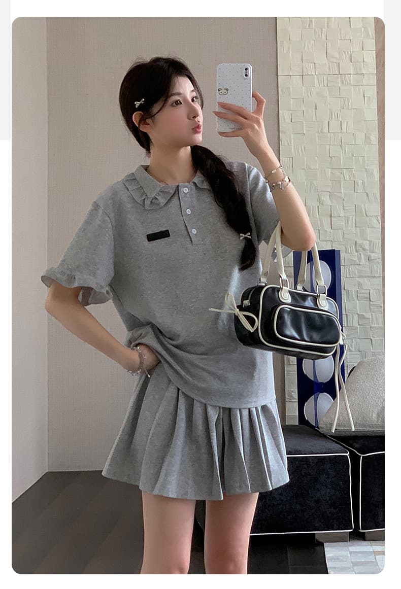 지금 지금 실사 여름 새로운 폭발 슬림해 보이는 POLO 칼라 반팔 플리츠 스커트 투피스 드레스 바지 상세 이미지 38