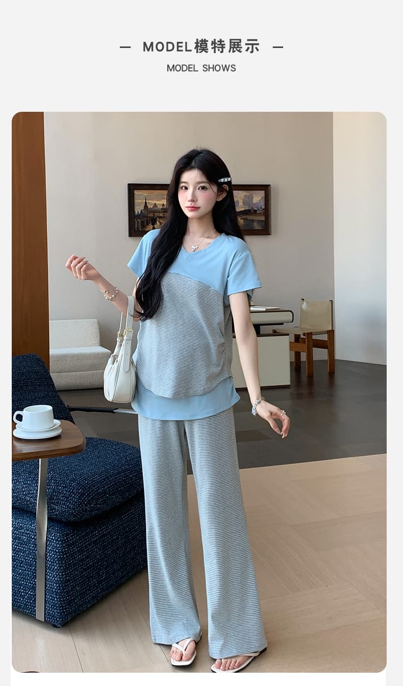 지금 지금 2026 여름 새로운 고급 외국 가스 스트라이프 패치워크 페이크 레이어드 맨위 루즈핏 빅 사이즈 와이드 레그 팬츠 상세 이미지 12