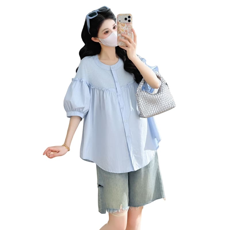 지금 지금 실사 여름 새로운 임산부 한국 스타일 패치워크 루즈핏 인형 셔츠 맨위 이미지 6