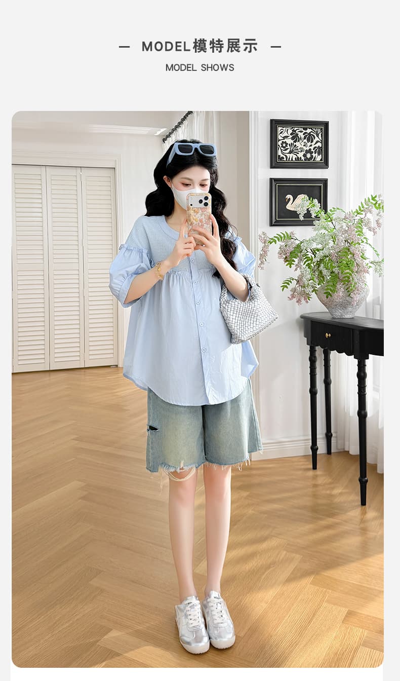 지금 지금 실사 여름 새로운 임산부 한국 스타일 패치워크 루즈핏 인형 셔츠 맨위 상세 이미지 12
