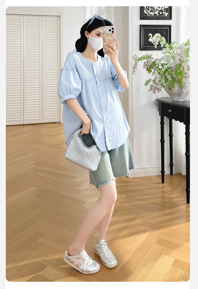 지금 지금 실사 여름 새로운 임산부 한국 스타일 패치워크 루즈핏 인형 셔츠 맨위 상세 이미지 16