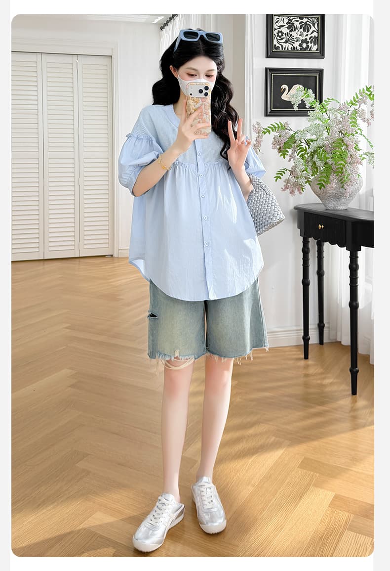 지금 지금 실사 여름 새로운 임산부 한국 스타일 패치워크 루즈핏 인형 셔츠 맨위 상세 이미지 19