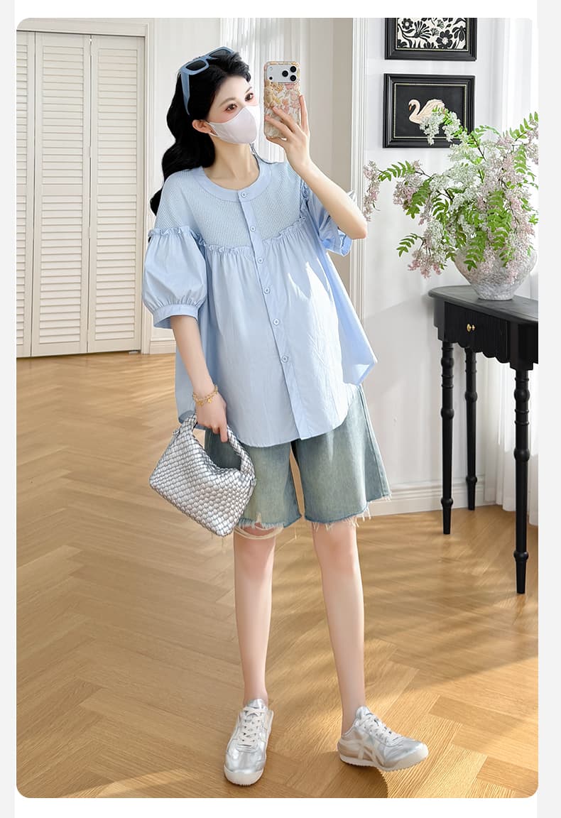 지금 지금 실사 여름 새로운 임산부 한국 스타일 패치워크 루즈핏 인형 셔츠 맨위 상세 이미지 20