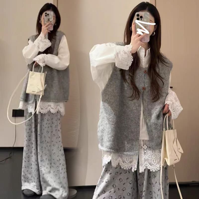 지금 지금 출산 착용 가을 회색 니트 베스트 오픈 가디건 외부 스웨터 조끼 스택 착용 홀로우 아웃 셔츠 3종 세트 이미지 3