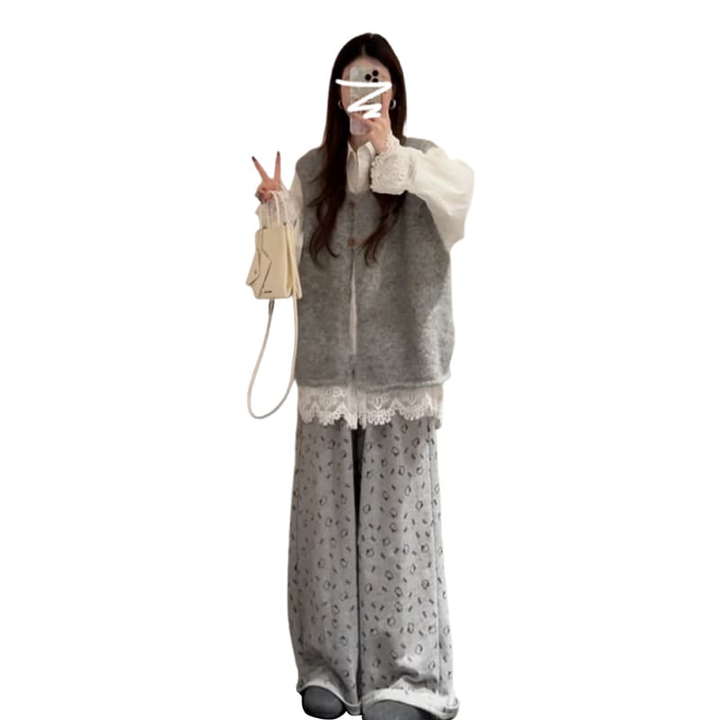 지금 지금 출산 착용 가을 회색 니트 베스트 오픈 가디건 외부 스웨터 조끼 스택 착용 홀로우 아웃 셔츠 3종 세트 이미지 6