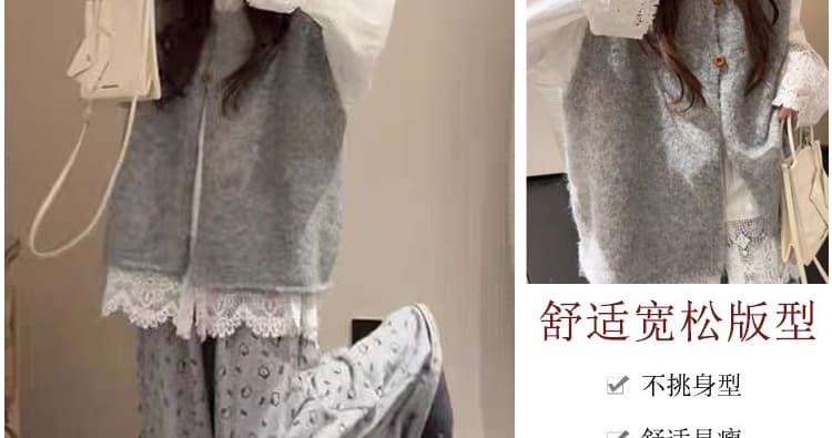 지금 지금 출산 착용 가을 회색 니트 베스트 오픈 가디건 외부 스웨터 조끼 스택 착용 홀로우 아웃 셔츠 3종 세트 상세 이미지 9