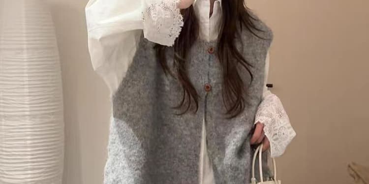지금 지금 출산 착용 가을 회색 니트 베스트 오픈 가디건 외부 스웨터 조끼 스택 착용 홀로우 아웃 셔츠 3종 세트 상세 이미지 13