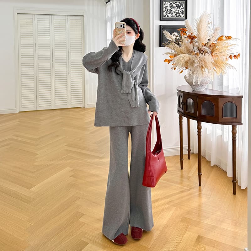 지금 지금 실사 새로운 임산부 가을 겨울 인터넷 유명인 부드러운 찹쌀 프로 피부 폴로 칼라 스카프 패션 스웨터 캐주얼 세트 슬림해 보이는 이미지 4