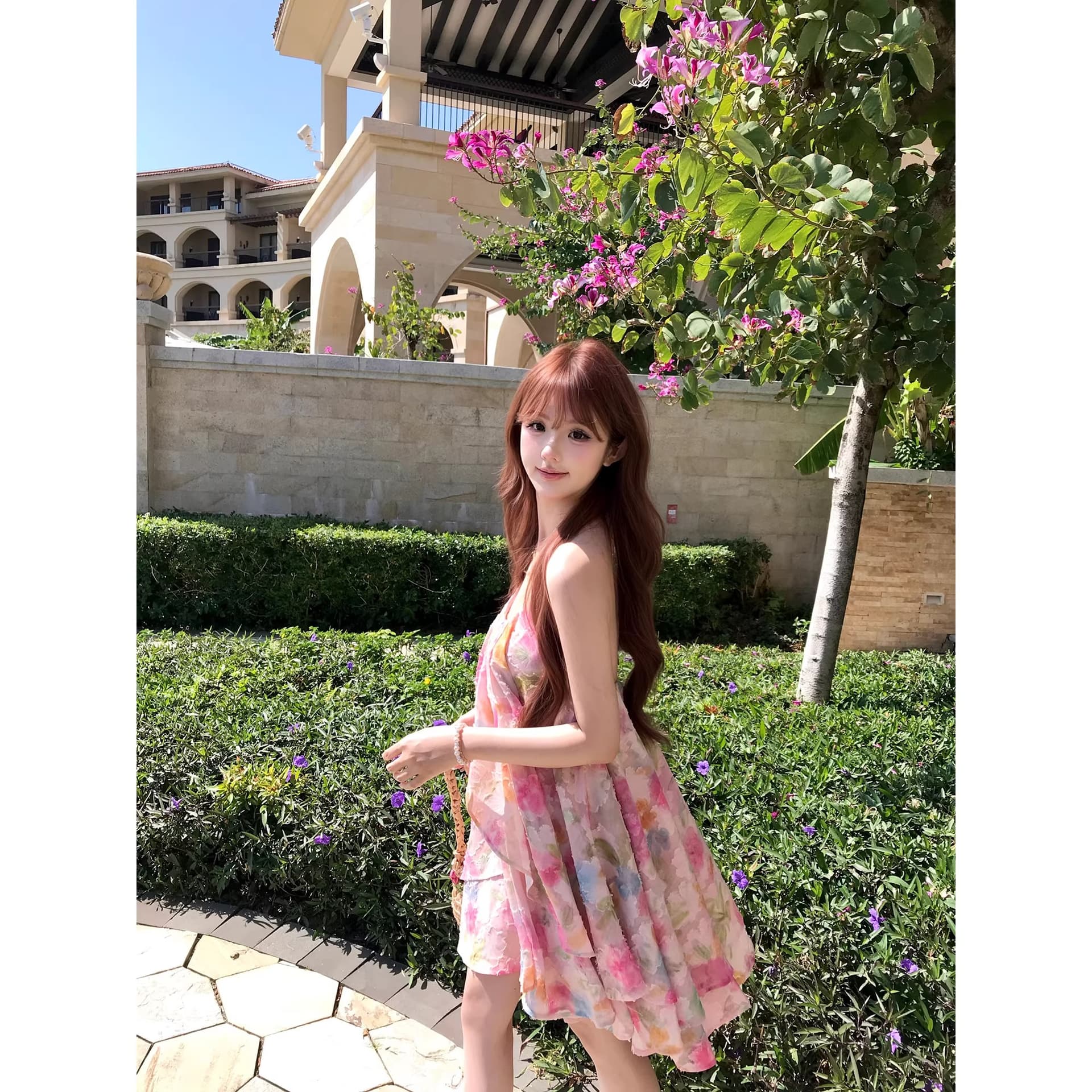초기 꿈 pokemeng 한여름 꽃 행침 목 백리스 대 치마 자카드 헤일로 염색 꽃무늬 휴가 드레스 상세 이미지 30