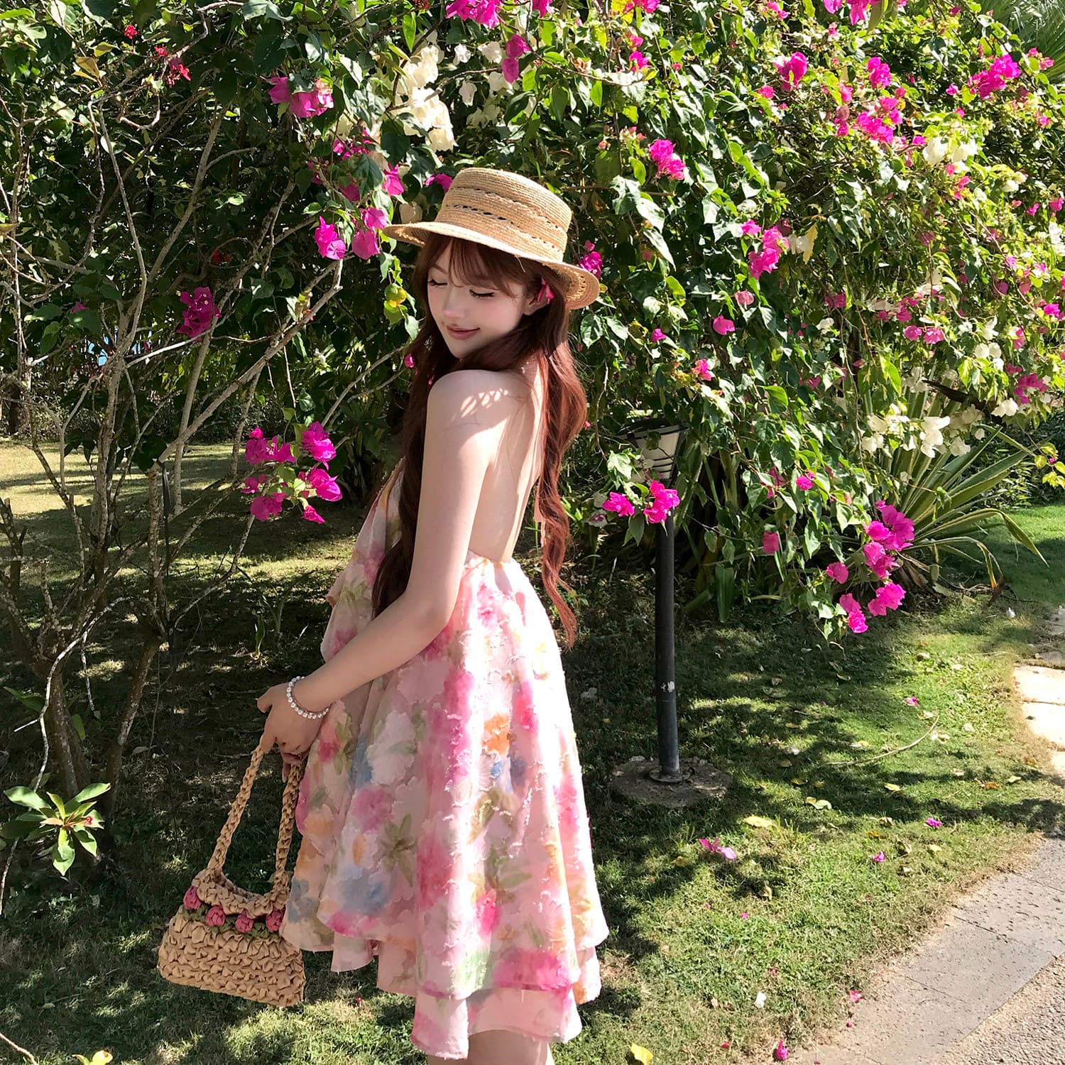 초기 꿈 pokemeng 한여름 꽃 행침 목 백리스 대 치마 자카드 헤일로 염색 꽃무늬 휴가 드레스 상세 이미지 32