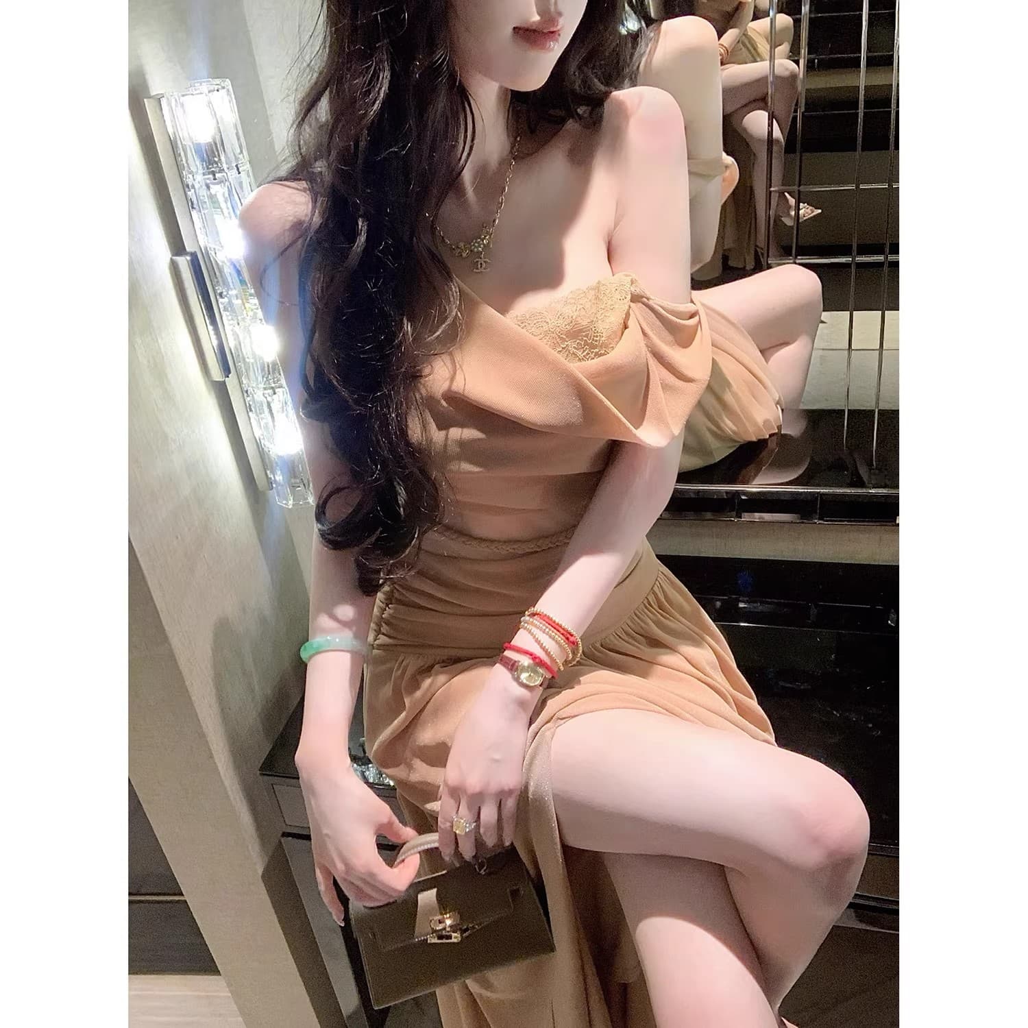 sun 우아한 조 희미한 조명 여름 민소매 빛 요리 한 바람 흔들다 칼라 레이스 레이스 드레스 패션 롱 스커트 상세 이미지 9