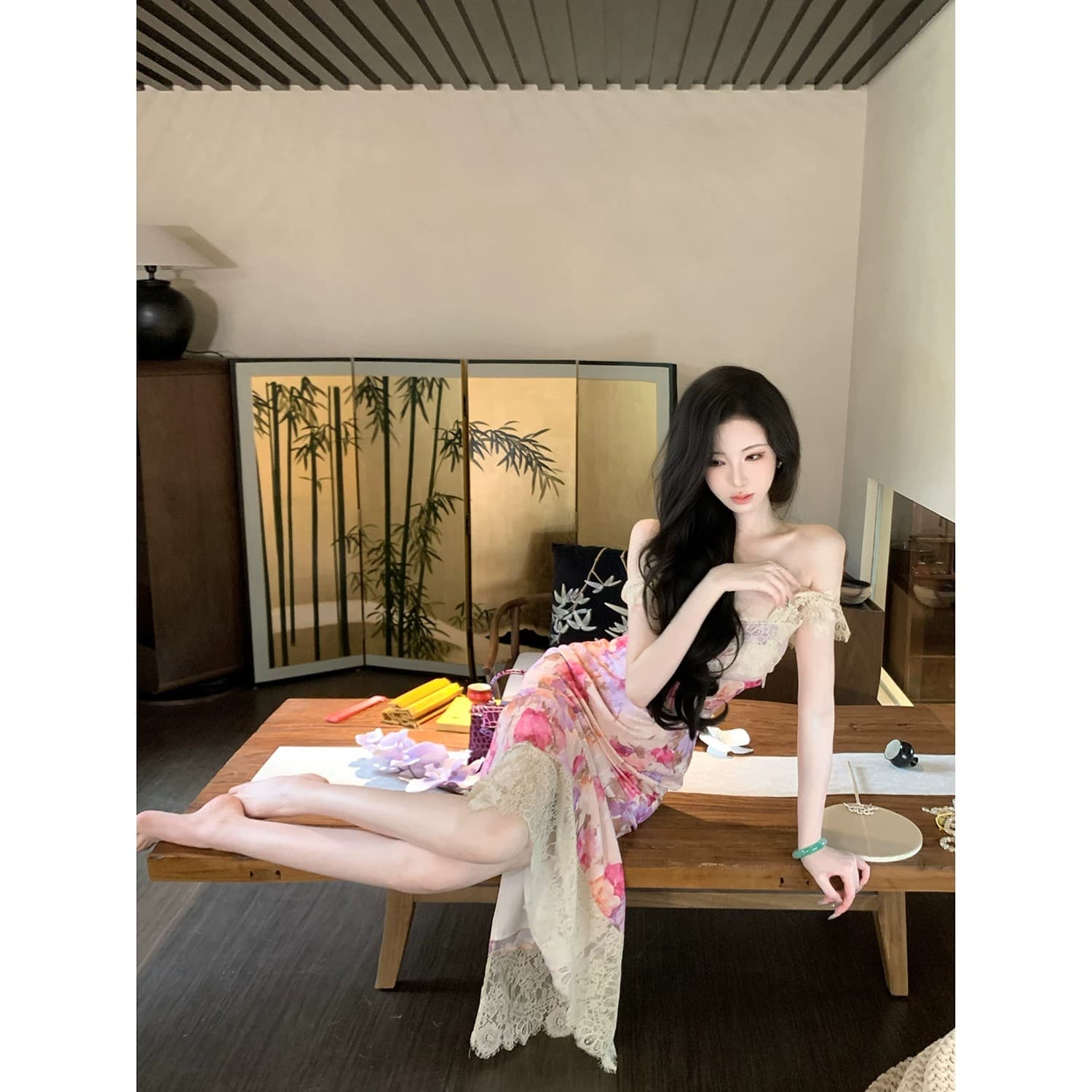 우아한 조 하느님 뒷 정원 여름 프랑스식 보라색 유화 장미 헤일로 염색 레이스 전단 꽃 점프 슈트 롱 스커트 이미지 3