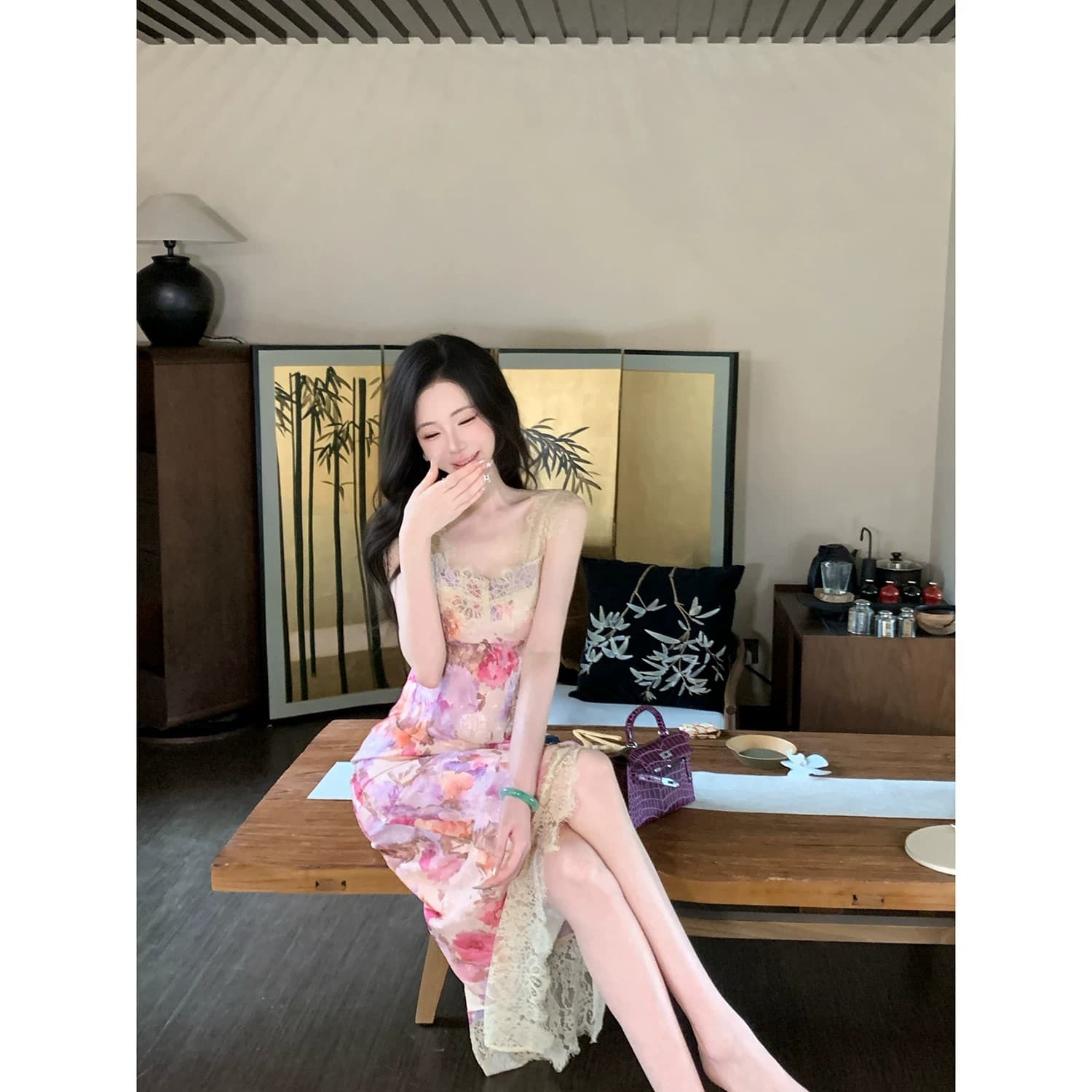 우아한 조 하느님 뒷 정원 여름 프랑스식 보라색 유화 장미 헤일로 염색 레이스 전단 꽃 점프 슈트 롱 스커트 상세 이미지 9