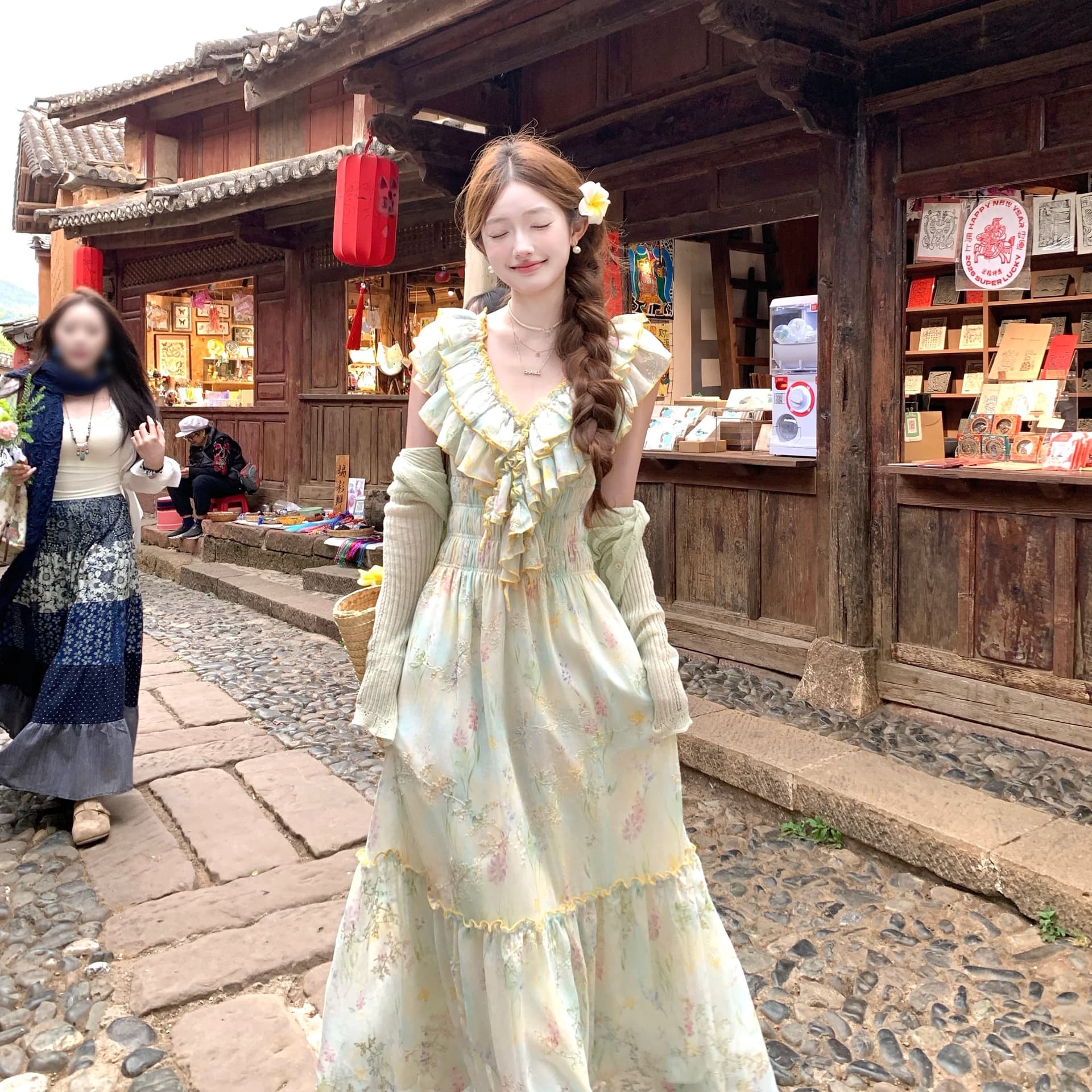 acaine 낭만주의 웨스트 지아 섬 롱 코트 V넥 프릴 허리 수축 명중 가져 가라. 꽃무늬 자수 여성 드레스 프랑스식 치마 이미지 6