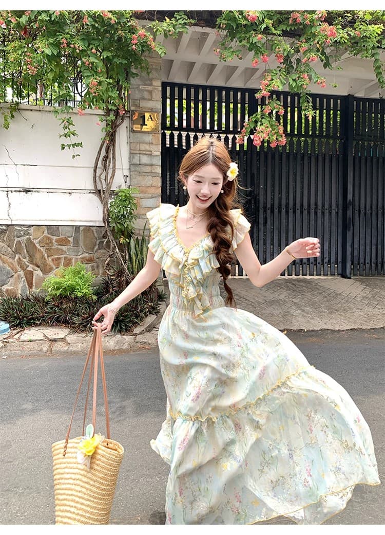 acaine 낭만주의 웨스트 지아 섬 롱 코트 V넥 프릴 허리 수축 명중 가져 가라. 꽃무늬 자수 여성 드레스 프랑스식 치마 상세 이미지 2