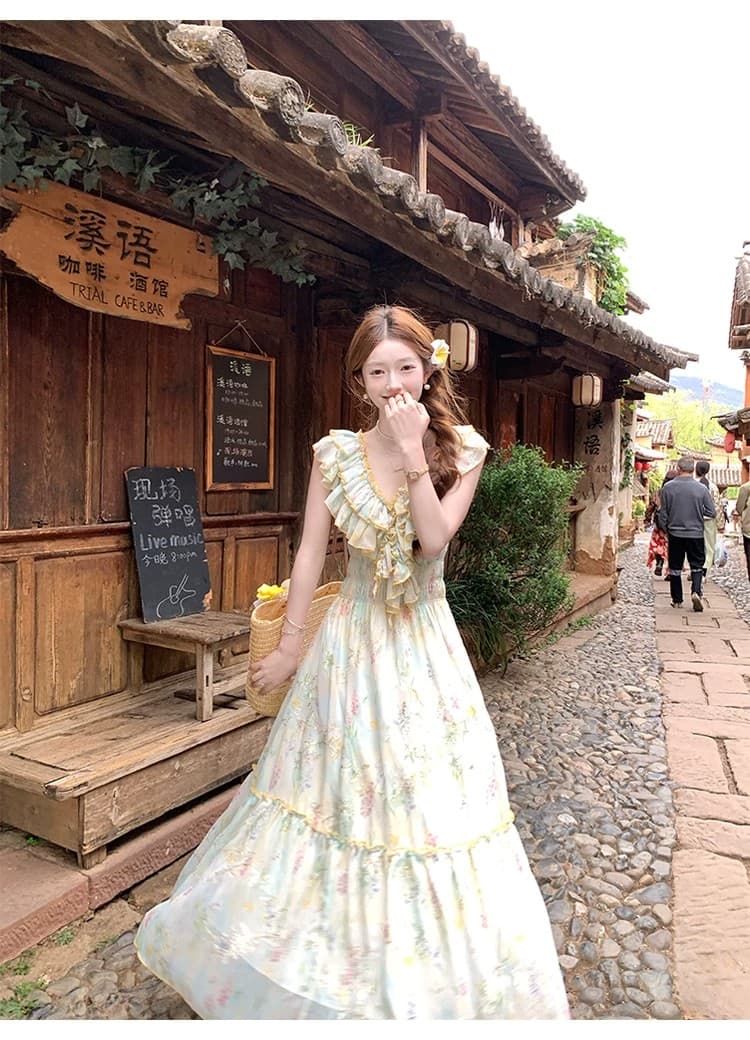 acaine 낭만주의 웨스트 지아 섬 롱 코트 V넥 프릴 허리 수축 명중 가져 가라. 꽃무늬 자수 여성 드레스 프랑스식 치마 상세 이미지 3