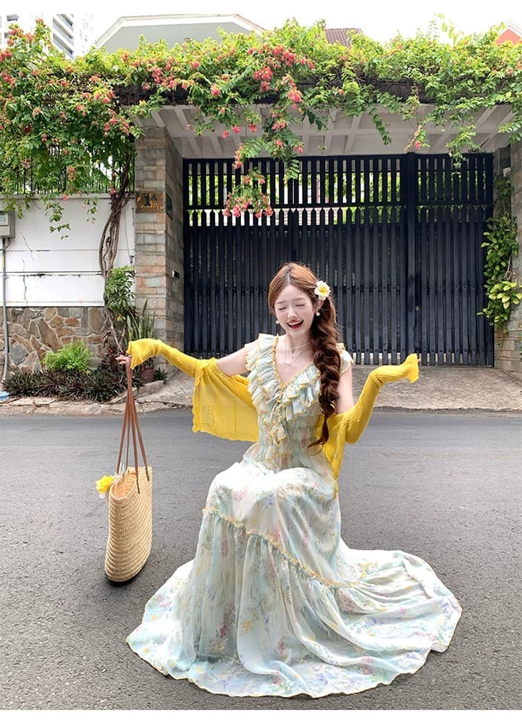 acaine 낭만주의 웨스트 지아 섬 롱 코트 V넥 프릴 허리 수축 명중 가져 가라. 꽃무늬 자수 여성 드레스 프랑스식 치마 상세 이미지 4