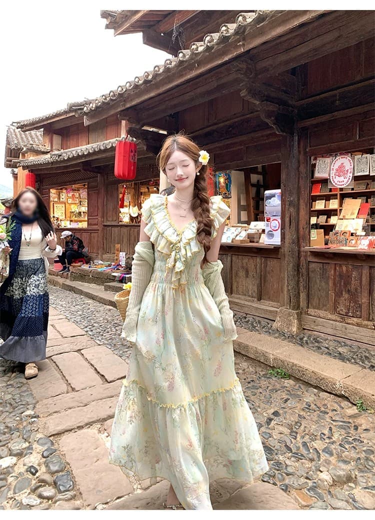 acaine 낭만주의 웨스트 지아 섬 롱 코트 V넥 프릴 허리 수축 명중 가져 가라. 꽃무늬 자수 여성 드레스 프랑스식 치마 상세 이미지 5