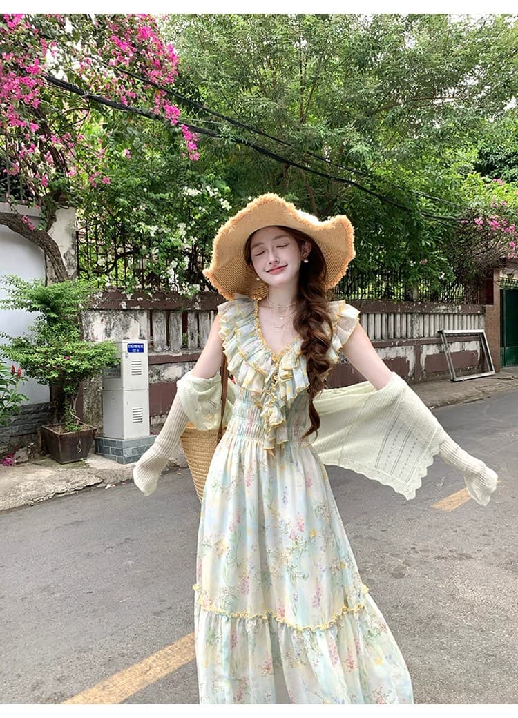 acaine 낭만주의 웨스트 지아 섬 롱 코트 V넥 프릴 허리 수축 명중 가져 가라. 꽃무늬 자수 여성 드레스 프랑스식 치마 상세 이미지 6