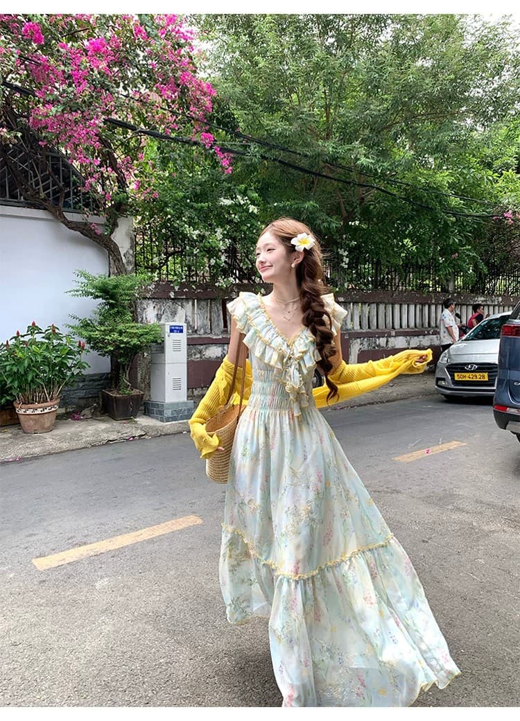acaine 낭만주의 웨스트 지아 섬 롱 코트 V넥 프릴 허리 수축 명중 가져 가라. 꽃무늬 자수 여성 드레스 프랑스식 치마 상세 이미지 7