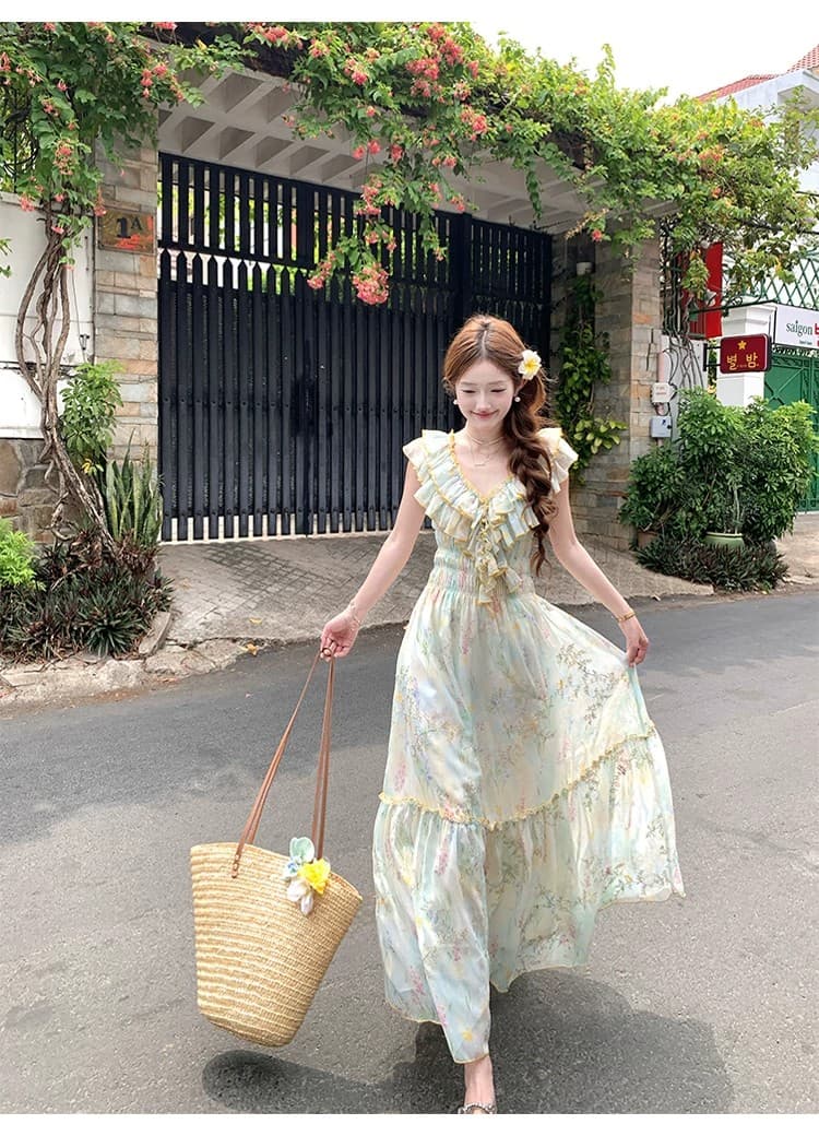 acaine 낭만주의 웨스트 지아 섬 롱 코트 V넥 프릴 허리 수축 명중 가져 가라. 꽃무늬 자수 여성 드레스 프랑스식 치마 상세 이미지 8