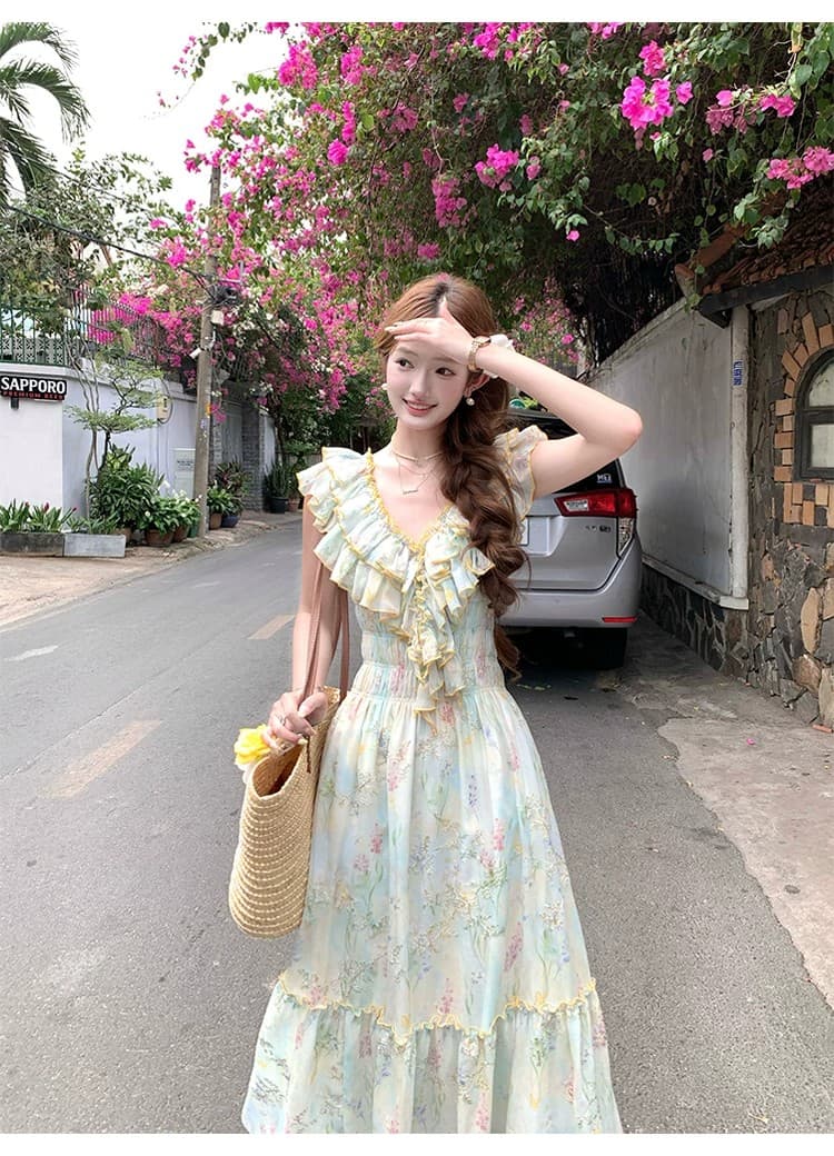 acaine 낭만주의 웨스트 지아 섬 롱 코트 V넥 프릴 허리 수축 명중 가져 가라. 꽃무늬 자수 여성 드레스 프랑스식 치마 상세 이미지 9