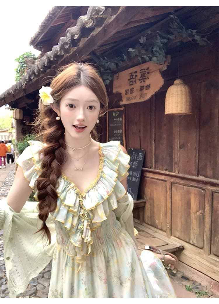 acaine 낭만주의 웨스트 지아 섬 롱 코트 V넥 프릴 허리 수축 명중 가져 가라. 꽃무늬 자수 여성 드레스 프랑스식 치마 상세 이미지 11