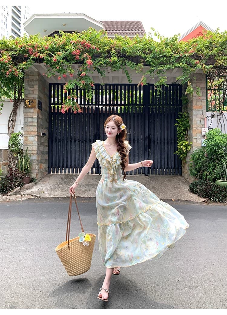acaine 낭만주의 웨스트 지아 섬 롱 코트 V넥 프릴 허리 수축 명중 가져 가라. 꽃무늬 자수 여성 드레스 프랑스식 치마 상세 이미지 13