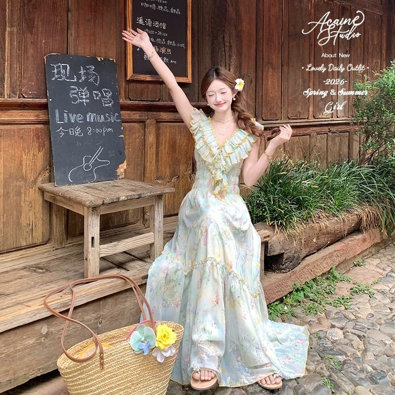 acaine 낭만주의 웨스트 지아 섬 롱 코트 V넥 프릴 허리 수축 명중 가져 가라. 꽃무늬 자수 여성 드레스 프랑스식 치마 상세 이미지 15