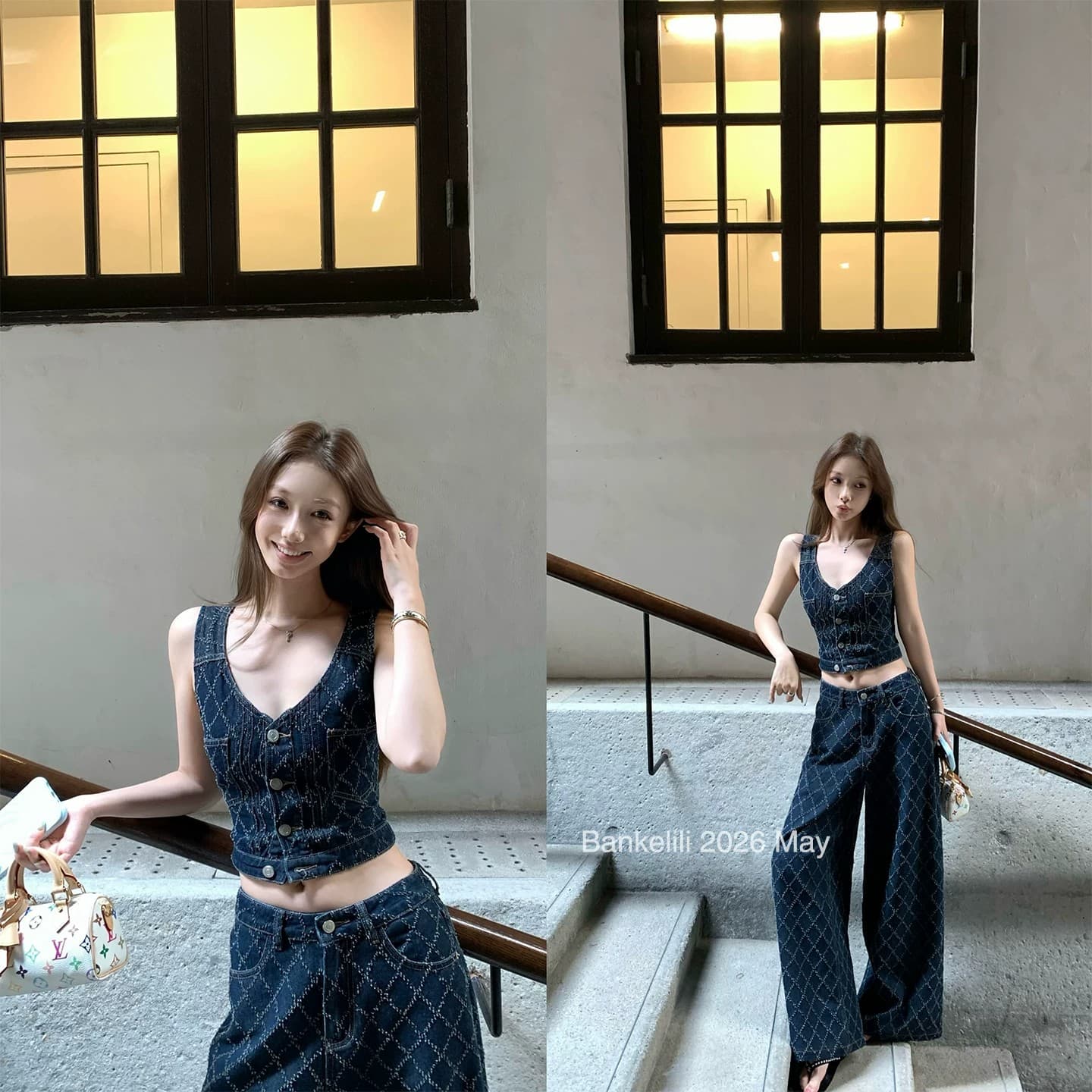 밤나무 코코아 bankelili 고대 복장 링 그리드 원색 링 그리드 자수 데님 베스트 데님 스트레이트 팬츠 여성 상세 이미지 31