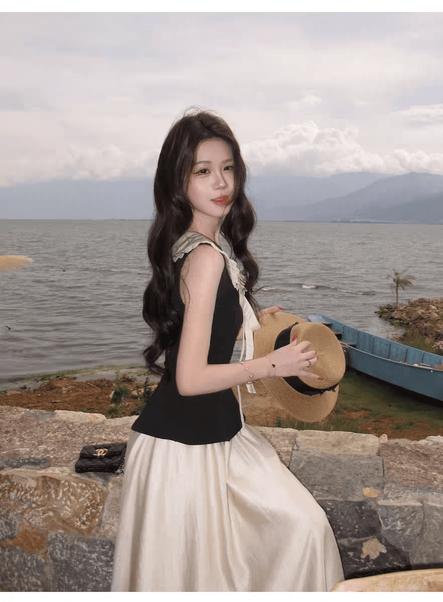 무쯔리 목자이 ~ 중 리 프랑스식 레트로 스타일 민소매 폴로 칼라 레이스 레이스 배색 허리 수축 맨위 새틴 반신 스커트 여름 상세 이미지 2