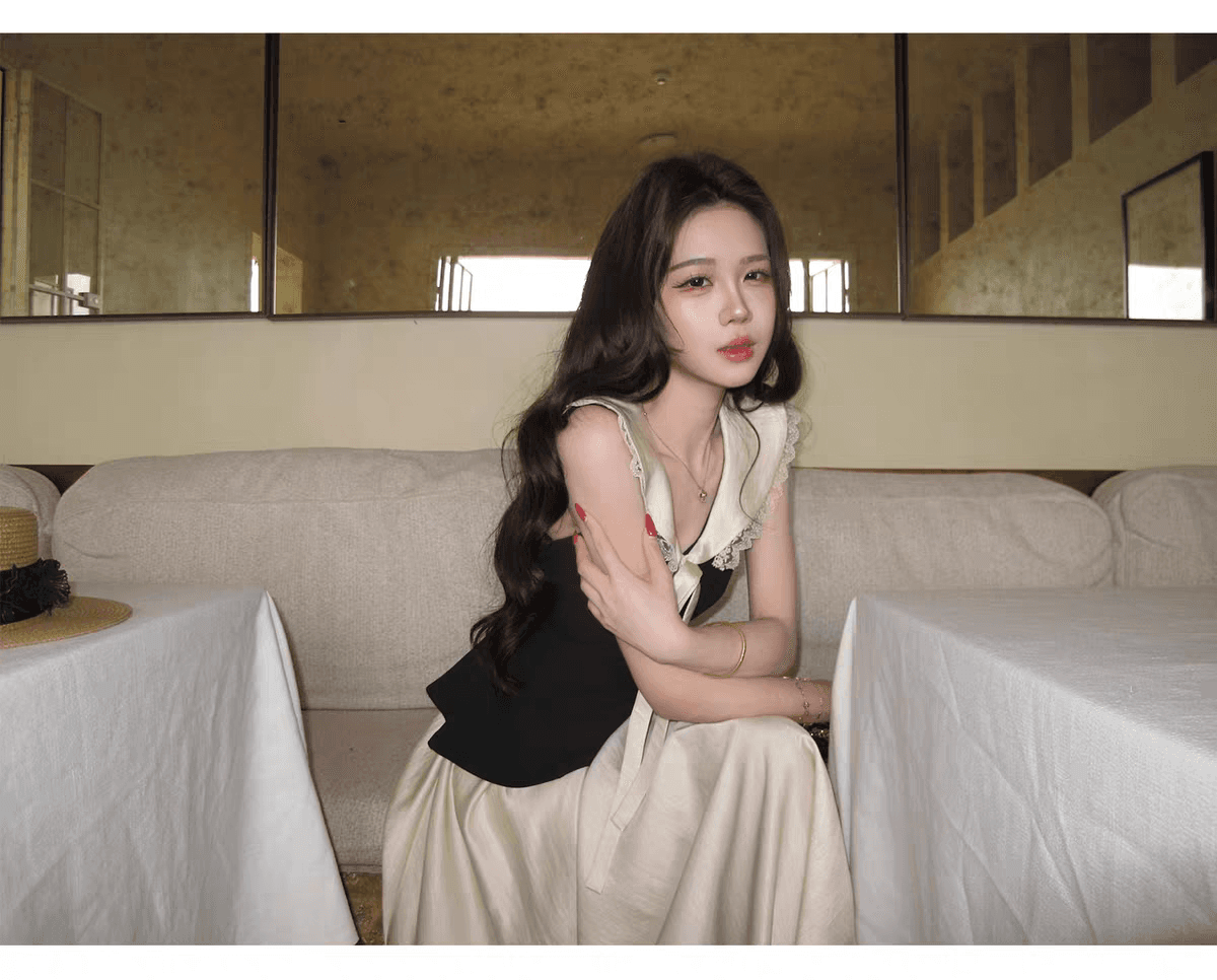 무쯔리 목자이 ~ 중 리 프랑스식 레트로 스타일 민소매 폴로 칼라 레이스 레이스 배색 허리 수축 맨위 새틴 반신 스커트 여름 상세 이미지 3